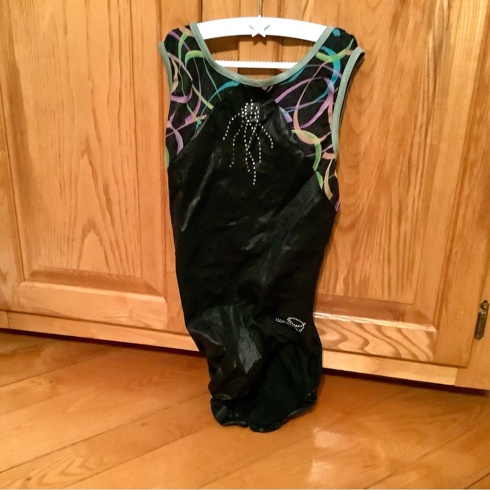 GK Elite Black Gymnastics Leotard with Colorful Swirls